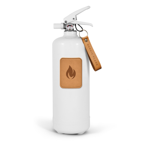 Nordic Flame Brandblusser - Poederblusser 2 kg - Wit – Lerenembleem - Design Ontwerp Voor Extra Veiligheid - A,-B,-C-Branden - Scandinavisch
